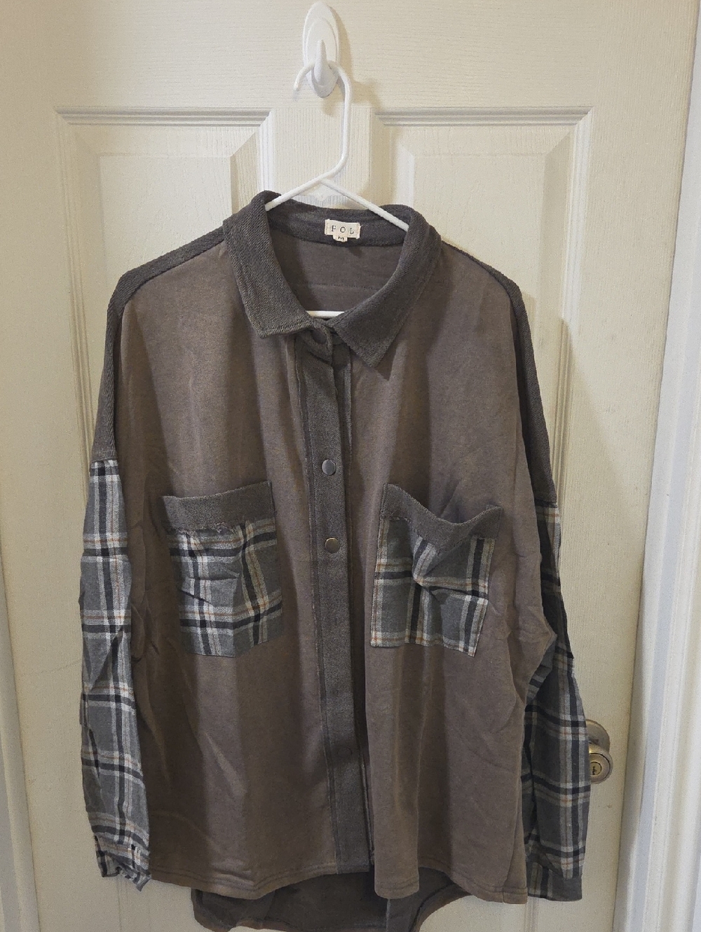 POL Oversized Plaid Pocket Button-Up Shirt - Gray And Green
